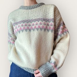 Vintage Icelandic Fair Isle Wool Knit Sweater Ice-Knit, Size L 80s/90s